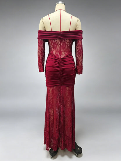 Party Dress Maxi Burgundy Off-The-Shoulder Lace Long Sleeves Sexy Semi Formal Dress