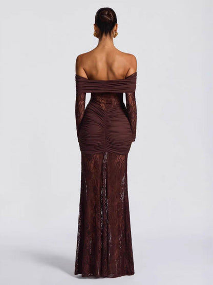 Party Dress Maxi Burgundy Off-The-Shoulder Lace Long Sleeves Sexy Semi Formal Dress