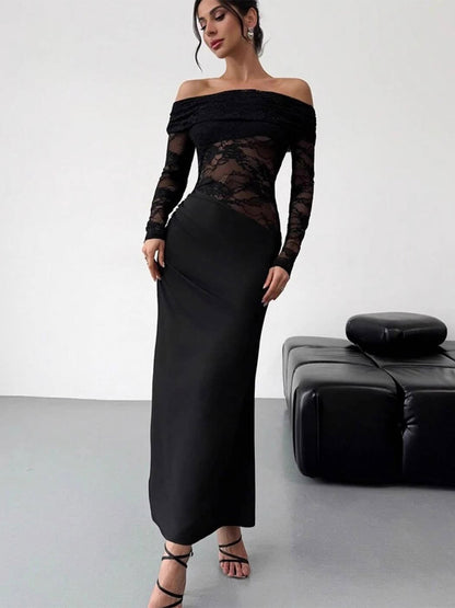 Party Dress Maxi Coffee Brown Off-The-Shoulder Lace Long Sleeves Shaping Elegant Semi Formal Dress