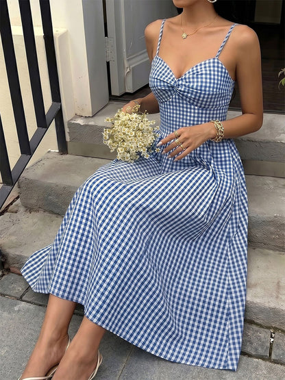 Vacation Sundress Spaghetti Strap Midi Blue White Cami Twist Bust Elastic Back Flowy Dress
