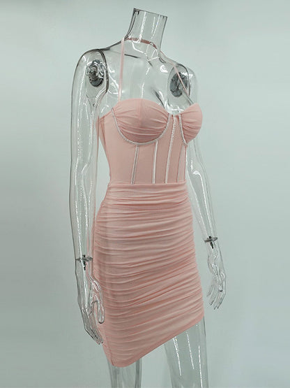 Party Dress Mini Pink Straps Neck Sleeveless Shaping Sexy Semi Formal Dress