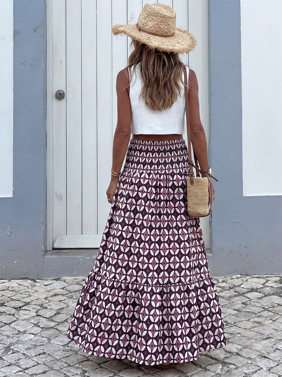 Women Boho Geometric Print Maxi Skirt Smocked High Waist Tiered Long Skirt