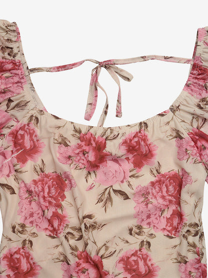 Vacation Beach Sundress Pink Rose Floral Square Neck Midi Flutter Sleeve Tie Waist Ruffle Hem Casual Summer Dress