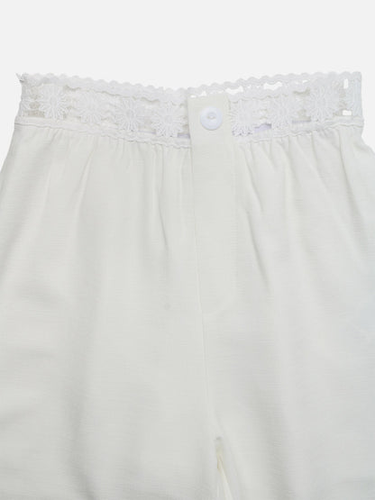 Women Lace Waist Wide Leg Pants Cream White Elastic High Waist Trousers