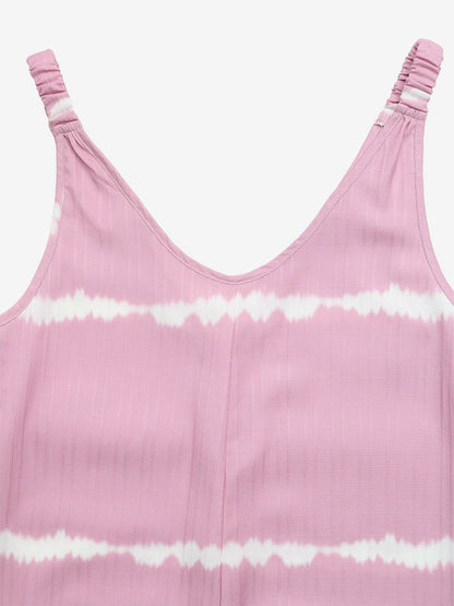 Soft Pink Horizontal Tie Dye Jumpsuit Sleeveless V Neck Straps High Waist Flow Wide Leg Vacation Playsuit