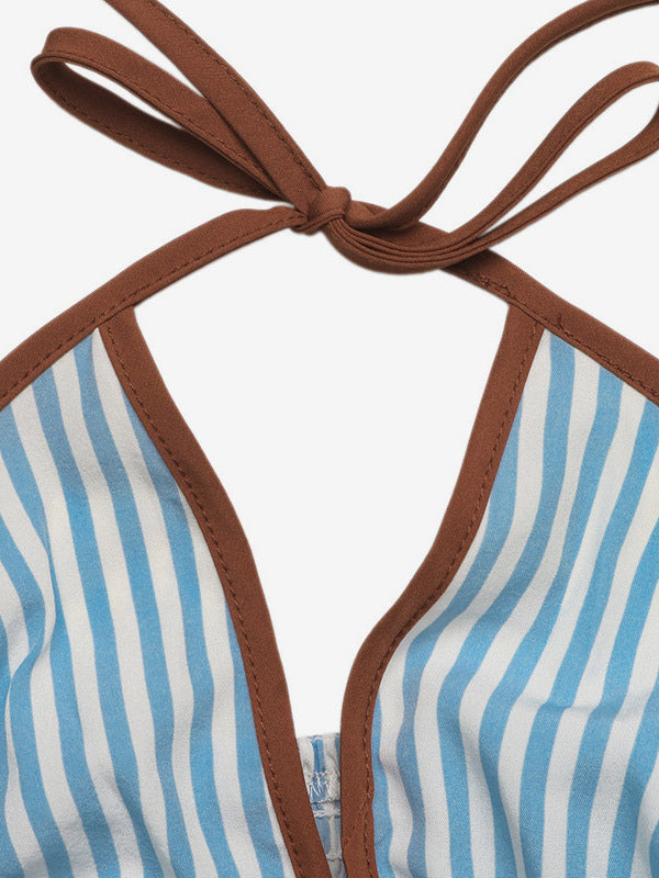 Stripe Halter Neck Romper Chocolate Contrast Trim Back Tie Elastic Waist Pocket Vacation Short Jumpsuit