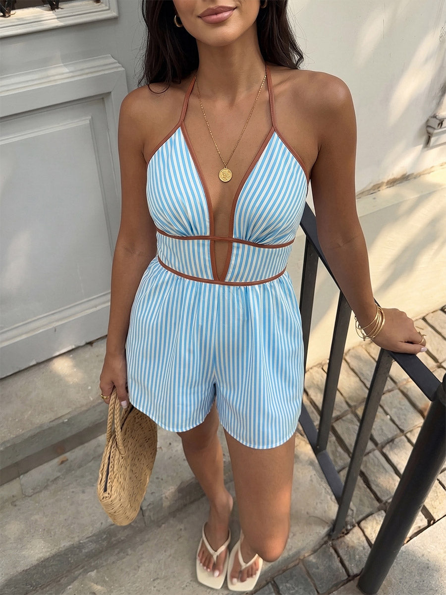 Stripe Halter Neck Romper Chocolate Contrast Trim Back Tie Elastic Waist Pocket Vacation Short Jumpsuit