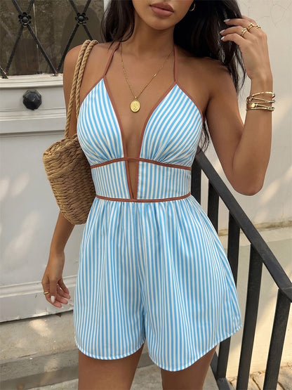 Stripe Halter Neck Romper Chocolate Contrast Trim Back Tie Elastic Waist Pocket Vacation Short Jumpsuit