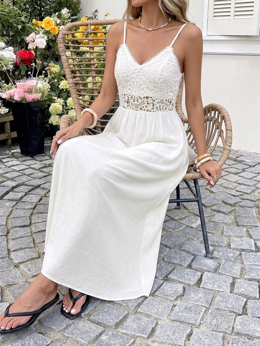 Vacation Dress Boho White Lace Cami Maxi Hollow Waist Flowy Beach Long Sundress