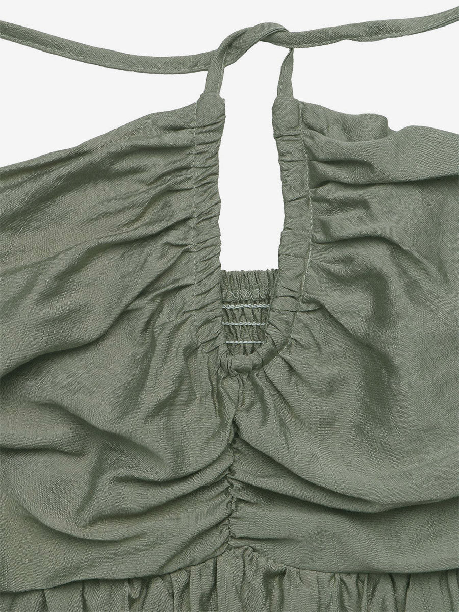 Vacation Dress Midi Lace Up Backless Halter Neck Tiered Ruffle Summer Beach Sundress