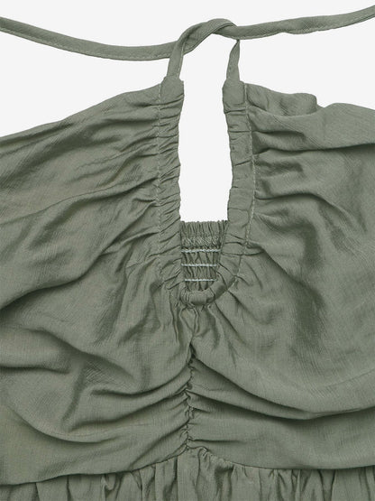 Vacation Dress Midi Lace Up Backless Halter Neck Tiered Ruffle Summer Beach Sundress