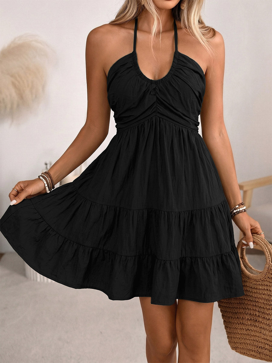 Vacation Dress Midi Lace Up Backless Halter Neck Tiered Ruffle Summer Beach Sundress