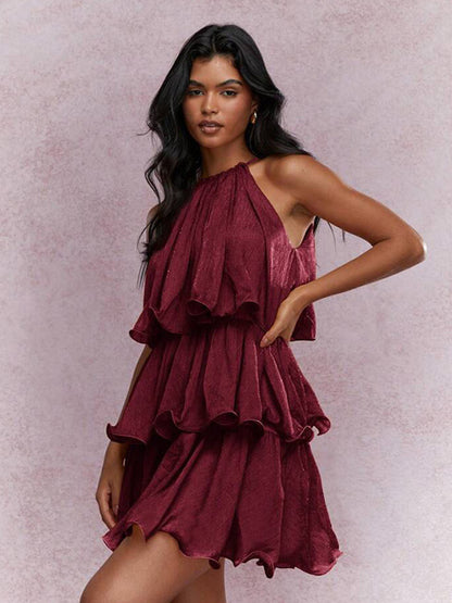 Daily Dresses Mini Orange Red Tiered Sleeveless Raised Waist Dress