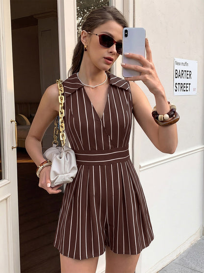 Chocolate White Vertical Stripe Sleeveless Romper Collared V-Neck Waist Band Back Bow Pleated Short Jumpsuit