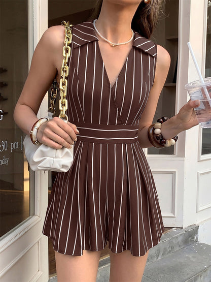 Chocolate White Vertical Stripe Sleeveless Romper Collared V-Neck Waist Band Back Bow Pleated Short Jumpsuit