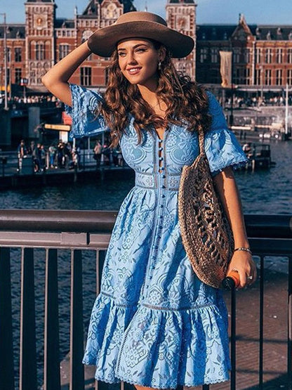 Vacation Dresses Maxi Shaping Lace Half Sleeves V-Neck Flared Sleeves Elegant Pink Dress