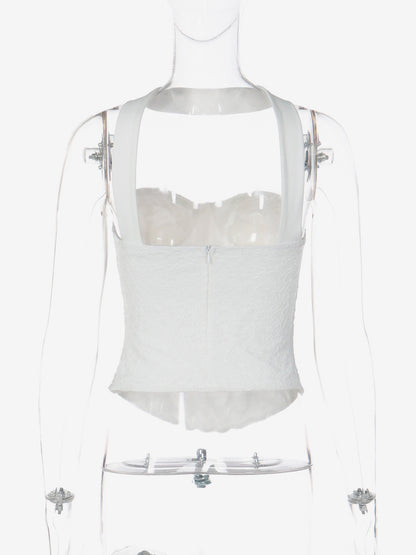 Halter Choker Sweetheart Lace Corset Top Sheer Mesh Boned Bustier Crop Top