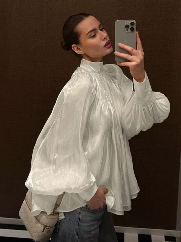 Cream Glossy Satin Mock Neck Gathered Top Balloon Sleeve Pearl Cuff Oversized Blouse