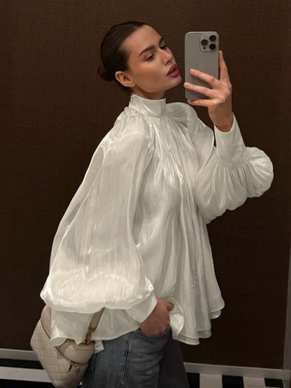 Cream Glossy Satin Mock Neck Gathered Top Balloon Sleeve Pearl Cuff Oversized Blouse