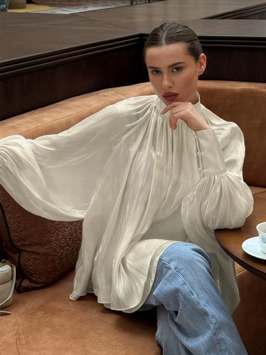 Cream Glossy Satin Mock Neck Gathered Top Balloon Sleeve Pearl Cuff Oversized Blouse