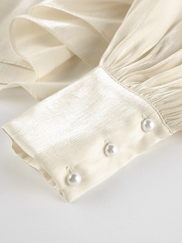 Cream Glossy Satin Mock Neck Gathered Top Balloon Sleeve Pearl Cuff Oversized Blouse