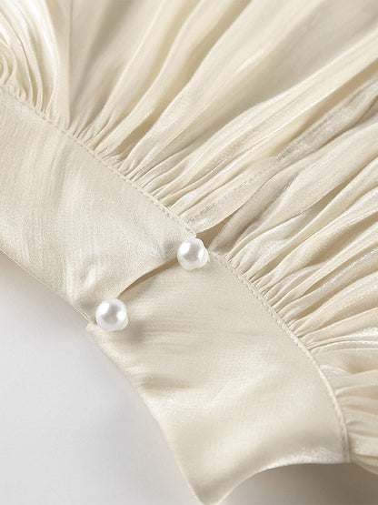 Cream Glossy Satin Mock Neck Gathered Top Balloon Sleeve Pearl Cuff Oversized Blouse