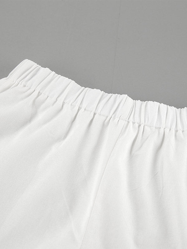 Pastel Pink Blue White Oversized Linen Shirt Elastic Waist Ruffle Shorts Set