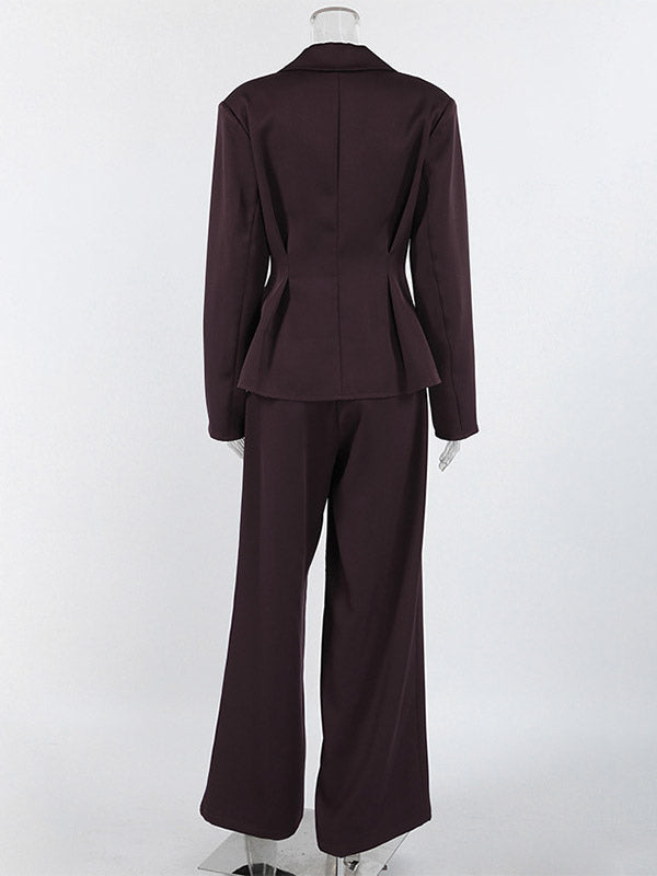 Women Peplum Blazer Wide Leg Pants 2 Piece Set Deep Brown Office Business Suit