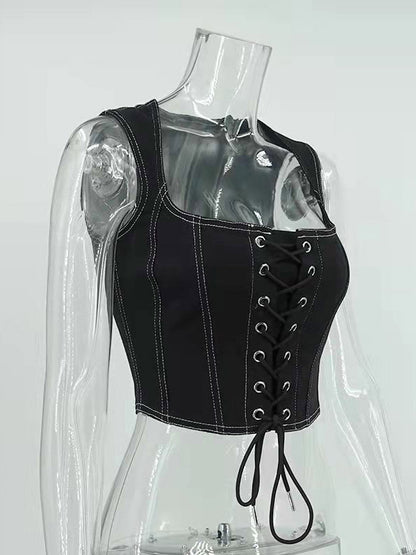 Black Cami Top Lace Up Polyester Sexy Women Camis