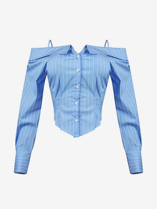 Blouse For Women Light Sky Blue Off-The-Shoulder Shaping Elegant Long Sleeves Tops