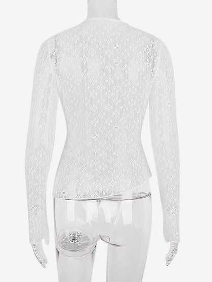 Blouse For Women White Lace Jewel Neck Clothes Sexy Cut Out Lace Long Sleeves Tops