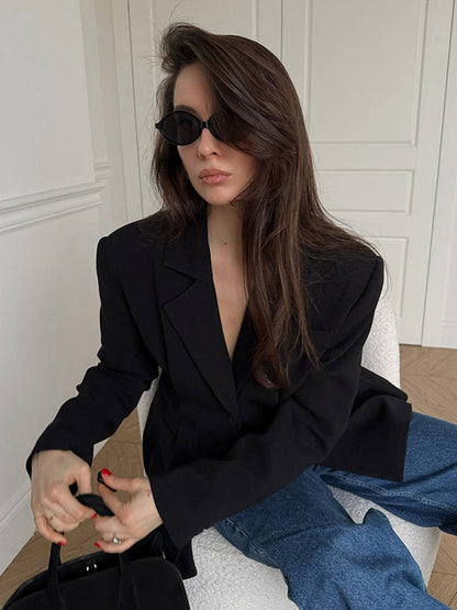 Women Notched Lapel Single Button Fitted Waist Tailored Black Blazer Jacket