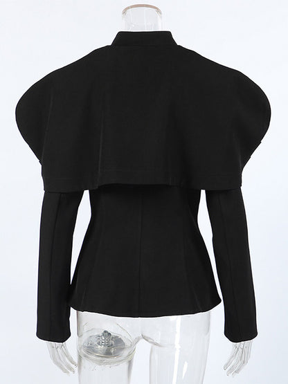 Women Stand Collar Cape Shoulder Gold Button Fitted Peplum Blazer Jacket