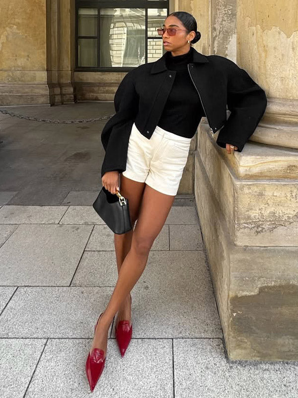 Women Lapel Collar Batwing Oversleeve Zip Up Cropped Wool Blend Jacket