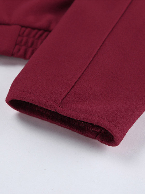 Burgundy Wine Red Minimal Collar Full Zip Elastic Cuff Waist Short Bomber Jacket