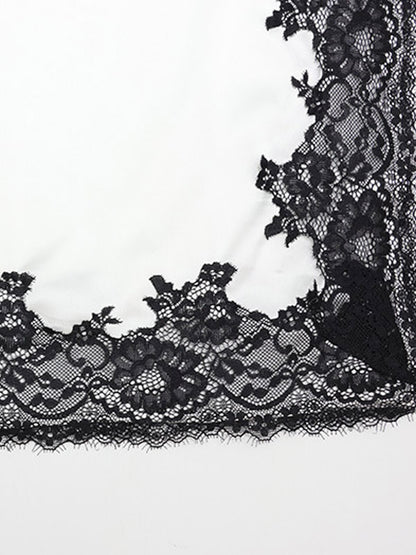 White Satin Halter Deep V Crop Top Black Lace Trim High Slit Maxi Skirt 2 Piece Set