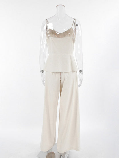 Women Spaghetti Strap V Neck Peplum Tank High Waist Pleated Wide Leg Pant 2 Piece Set