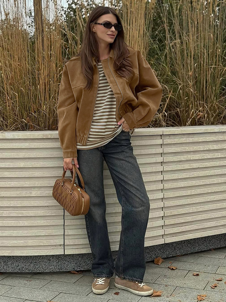 Women Vintage Suede Collar Zip Bomber Jacket Elastic Cuff Hem Cropped Coat
