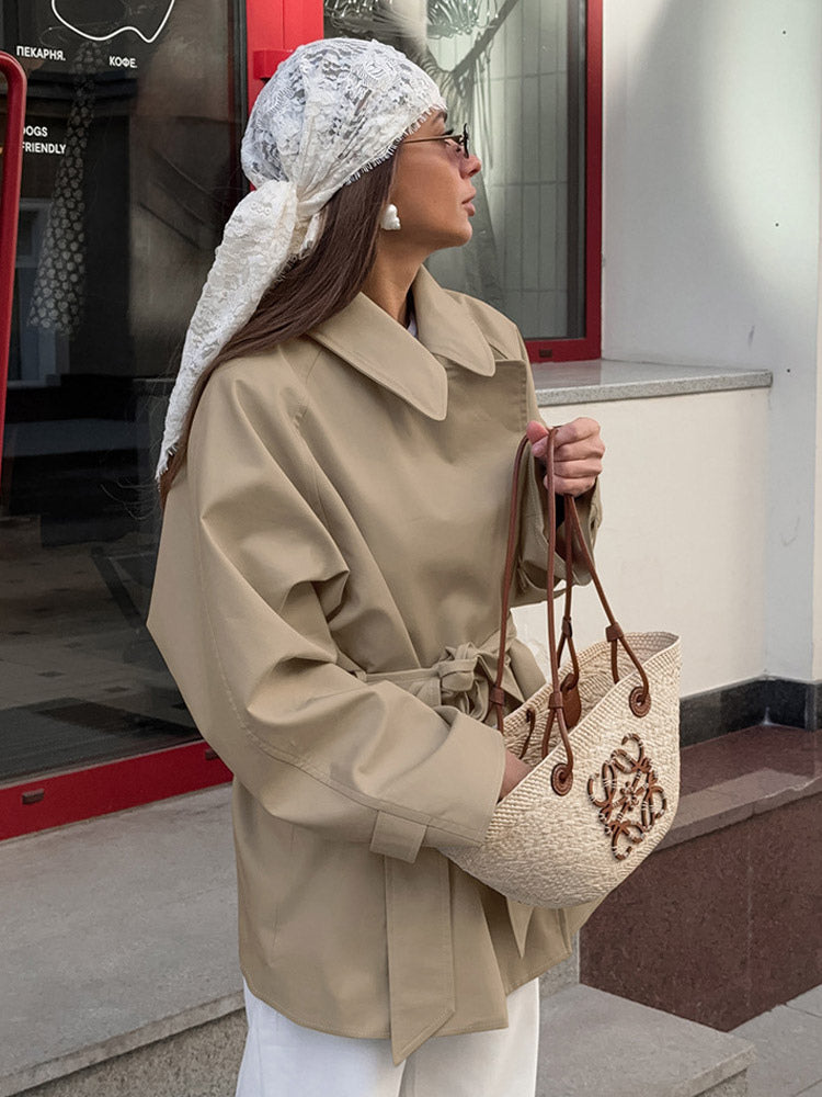 Women Lapel Self Belt Waist Tie Oversized Short Trench Coat Windbreaker Jacket