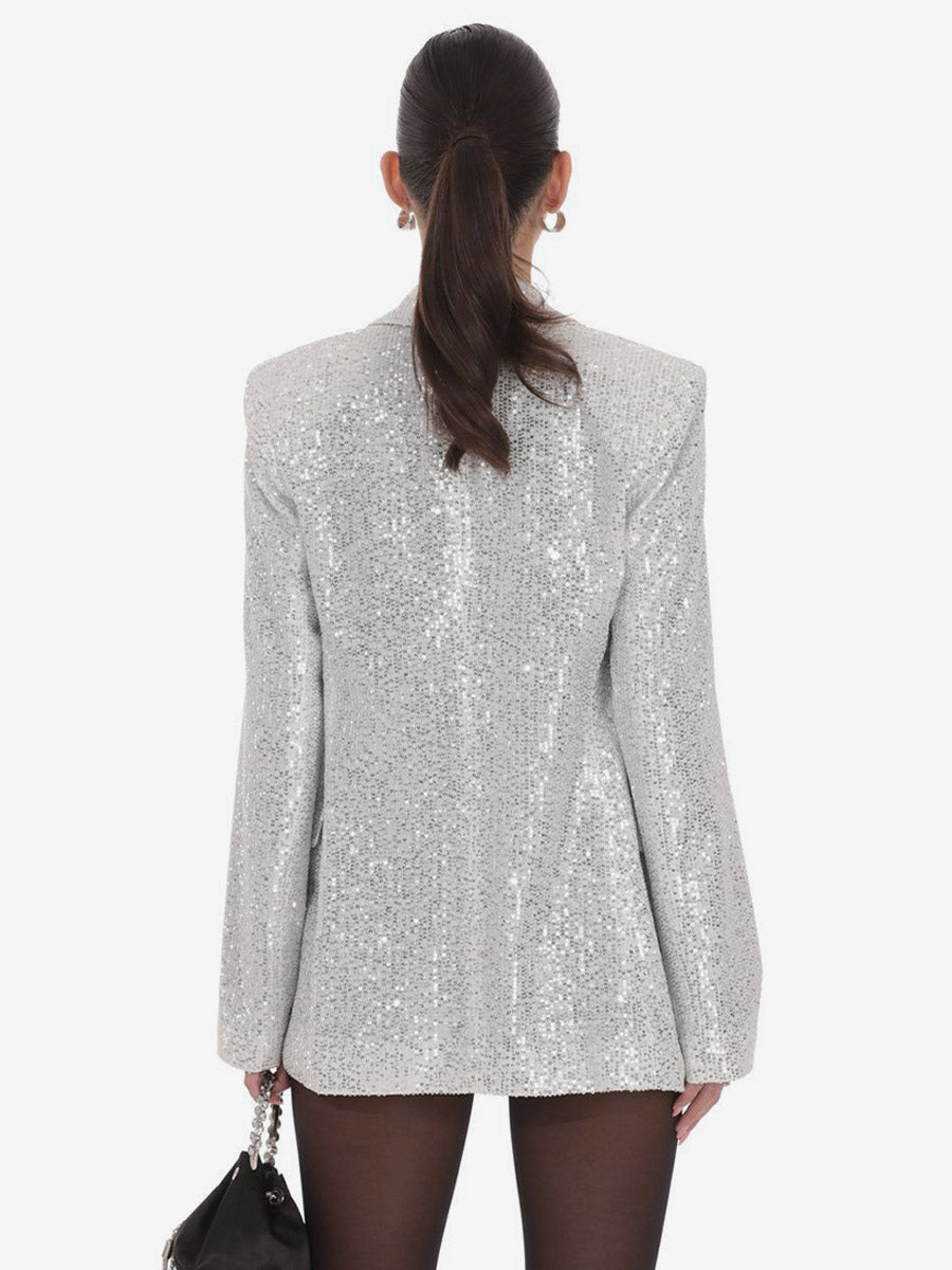 Women Notched Lapel Double Breasted Sequin Oversized Blazer Jacket