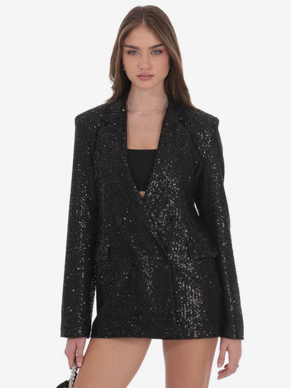 Women Notched Lapel Double Breasted Sequin Oversized Blazer Jacket