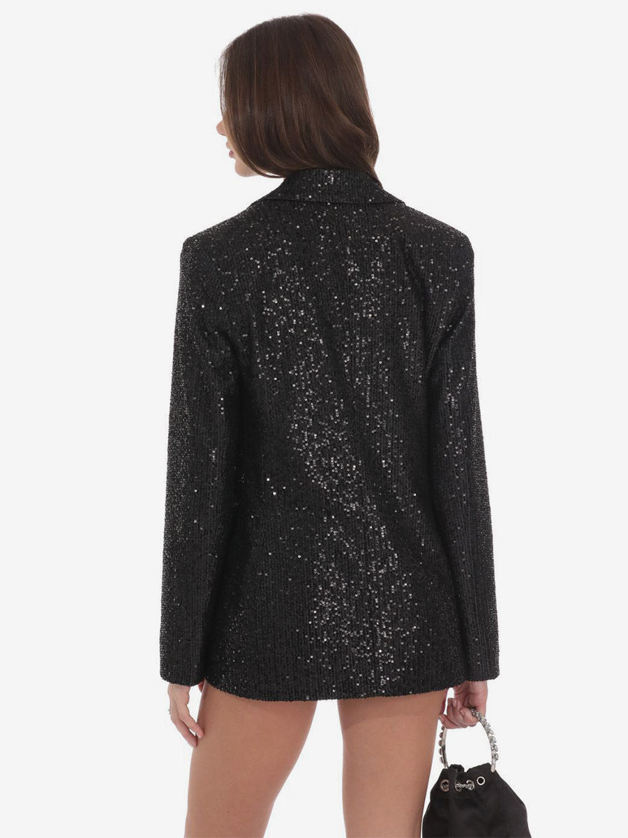 Women Notched Lapel Double Breasted Sequin Oversized Blazer Jacket