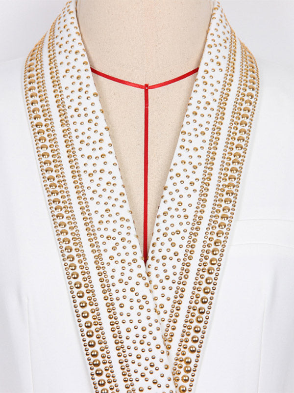 Women Gold Beaded Shawl Lapel Double Breasted Long Sleeve Blazer Jacket