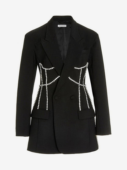 Women Notched Lapel Rhinestone Chain Cutout Mini Blazer Dress