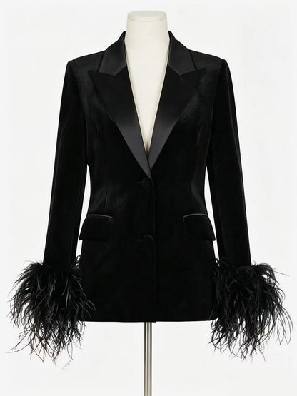 Women Satin Lapel Velvet Blazer With Feather Cuff Trim