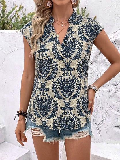 Blouse For Women Deep Blue Printed Stand Collar Chic Sleeveless Tops