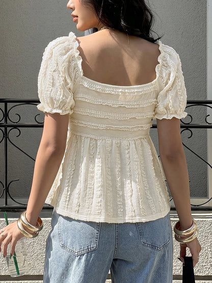 Cream White V Neck Shirred Bust Smocked Flared Hem Summer Top