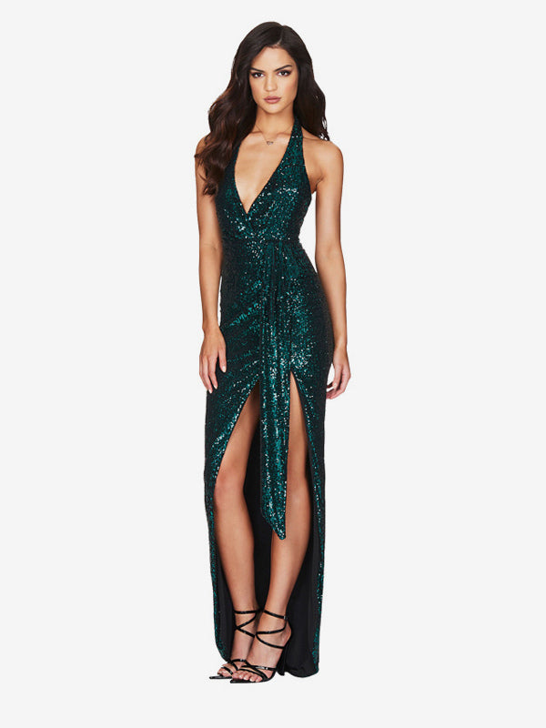 Party Dress Maxi Champagne Halter V-Neck Lace High Slit Sleeveless Sexy Semi Formal Dress