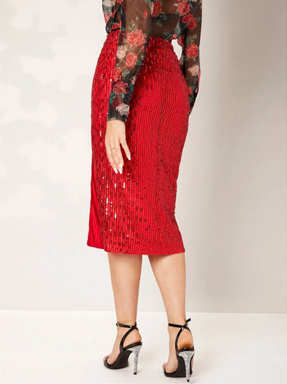 Women High Waist Sequin Midi Skirt Front Slit Bodycon Pencil Party Skirt