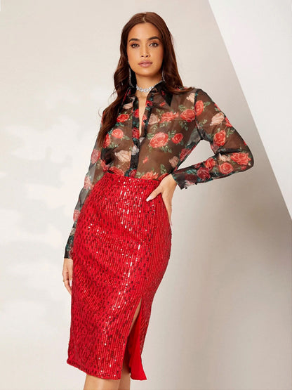 Women High Waist Sequin Midi Skirt Front Slit Bodycon Pencil Party Skirt